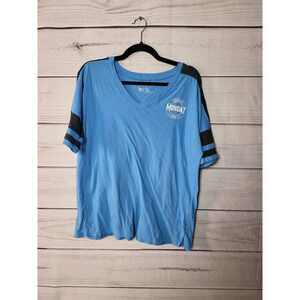 Monday Mood Womens Flirtitude‎ T-Shirt Blue Short Sleeve V Neck Stripe Cotton L